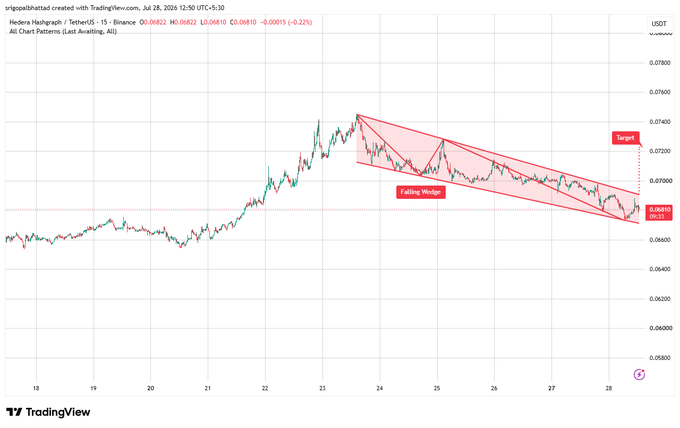 A TradingView chart of Hedera Hashgraph / TetherUS showing a "Falling Wedge" pattern with a target price around 0.0720.