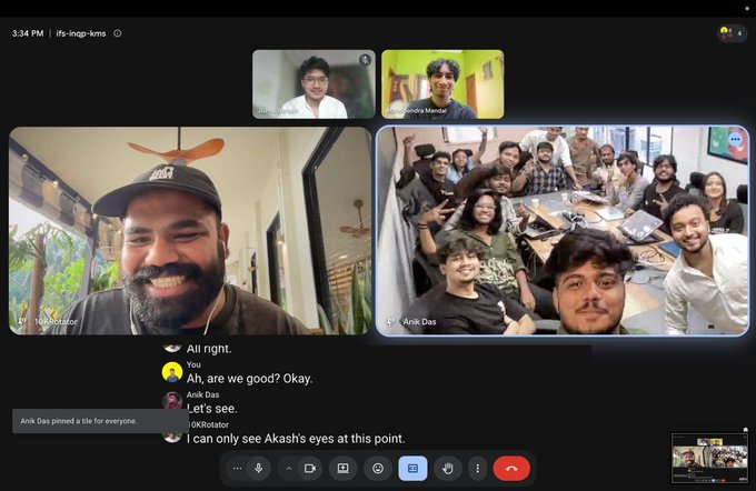 A Google Meet video conference screenshot displays a four-panel grid call with participants including Sandeep Nailwal, showing a large group photo on the right side and chat messages at the bottom.