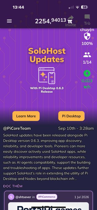 A mobile screenshot of the Pi Network app showing a 'SoloHost Updates' announcement for Pi Desktop 0.6.3 Release with a balance of 2254.94013 Pi and a user profile (@PiCoreTeam) with high trust metrics.
