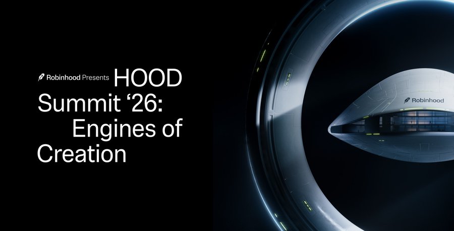 Promotional banner for Robinhood Presents "HOOD Summit '26: Engines of Creation," featuring a futuristic tunnel-like structure with the Robinhood logo, tying into the post's announcement of new AI-powered trading agents at the summit.