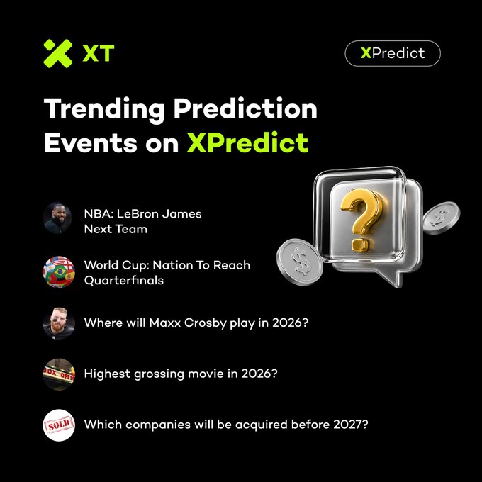 Promotional graphic for XT.com's XPredict platform highlighting trending prediction events, including "NBA: LeBron James Next Team," "World Cup: Nation To Reach Quarterfinals," "Where will Maxx Crosby play in 2026?", "Highest grossing movie in 2026?", and "Which companies will be acquired before 2027?" — visually tying into the post's message of trading real-world events across sports, entertainment, and business.
