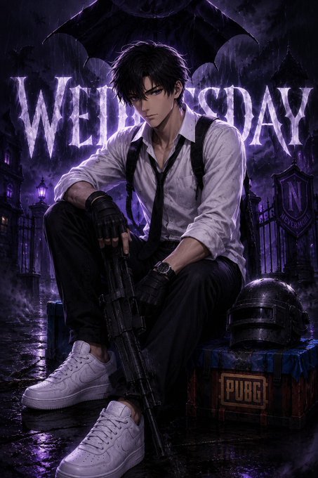 A digital artwork featuring a dark-haired anime character in a white shirt and tie sitting with a weapon, beside a PUBG supply crate, with 'WEDNESDAY' text and bats in the background.