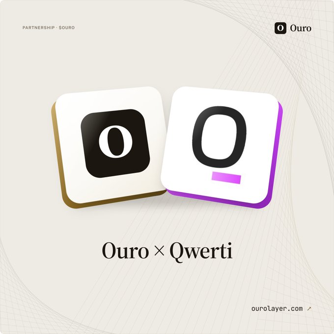 A partnership announcement graphic between Ouro and Qwerti featuring stylized 'O' logos, labeled 'PARTNERSHIP · SQURO' with the URL ourolayer.com.