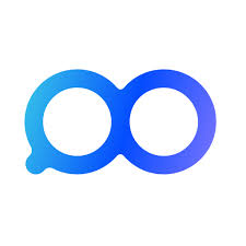 A blue and purple gradient logo resembling an infinity symbol or pair of circles forms the distinctive mark on a white background.
