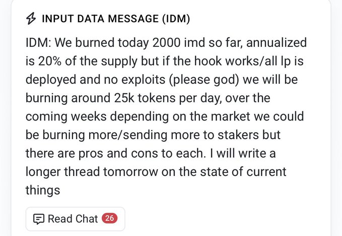A screenshot of a message titled "INPUT DATA MESSAGE (IDM)" stating that 2000 IMD tokens were burned on day one, with 20% of supply annualized, and projecting potential daily burns of 25k tokens. The post celebrates this alongside $122,000 staked, using the burn milestone as alpha to encourage buying $imd before the upcoming thread.