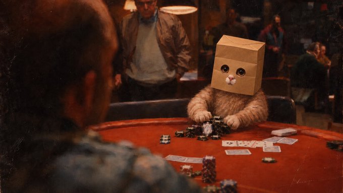 A fluffy orange cat wearing a brown cardboard box on its head sits at a casino poker table, its paws resting near a pile of chips and playing cards while players observe the unusual scene.