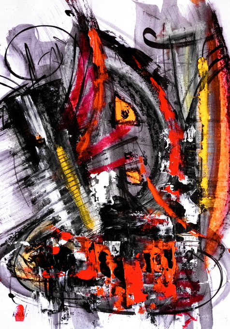 An abstract painting featuring bold, chaotic strokes of red, black, gray, and yellow with drips and splatters.