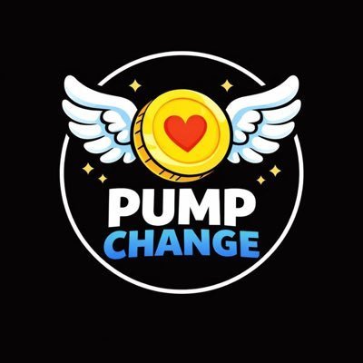 A circular black logo featuring a winged gold coin with a red heart at its center, accompanied by the text "PUMP CHANGE" in bold white and blue lettering. The design visually represents the post's message about Pump Change, a charitable launchpad where memecoins must allocate trading fees to charity.