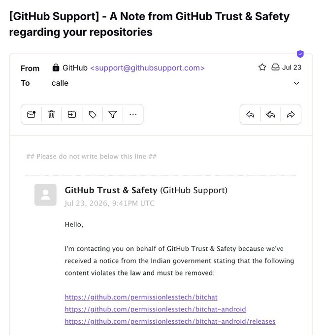 A screenshot of an email dated July 23 from GitHub Support (support@githubsupport.com) to "calle," stating that GitHub Trust & Safety received a notice from the Indian government demanding the removal of three Bitchat repositories (bitchat, bitchat-android, and bitchat-android/releases) for violating the law.