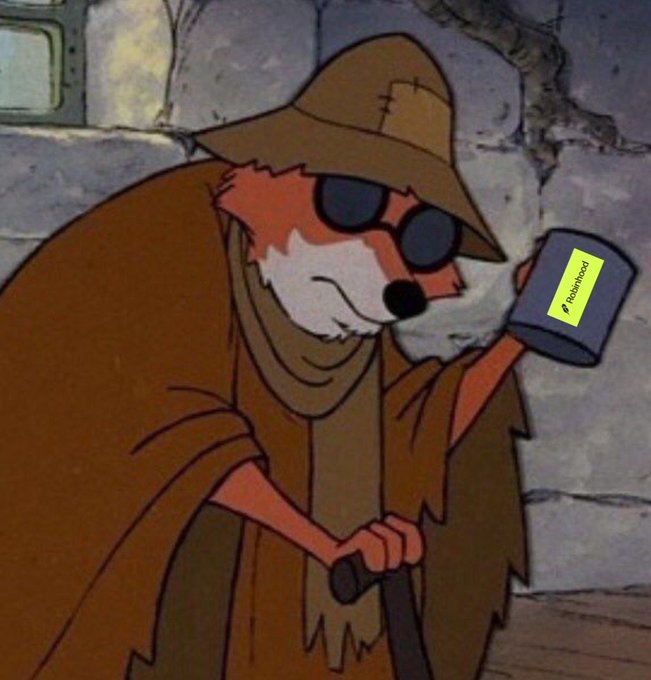 An illustration of a fox character dressed as a hobo, wearing a brown hat, sunglasses, and a tattered coat while holding a cup labeled 'Robinhood' and leaning on a cane.