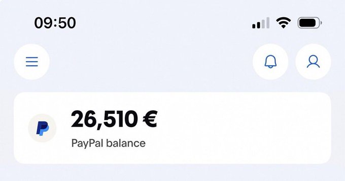 A screenshot of a PayPal account dashboard displays a balance of €26,510 alongside the time 09:50 and status icons. The image appears to be used in a social media post falsely implying easy money acquisition by sharing, despite the post mentioning a different amount of $6,510.