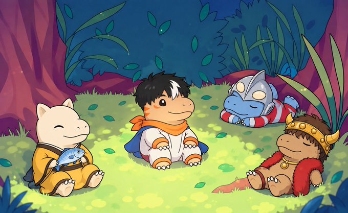A colorful cartoon illustration features three small, stylized characters and a fish relaxing in a lush, green forest setting.
