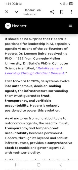The image shows a Hedera website article discussing how Hedera is positioned for AI leadership, noting co-founder Dr. Leemon Baird received his PhD in Computer Science from Carnegie-Mellon University in 1999, with a focus on "Reinforcement Learning Through Gradient Descent." The article emphasizes Hedera's infrastructure for supporting autonomous, decision-making agents with trust and accountability—aligning with the post's point about Baird's AI expertise (stemming from his PhD) being relevant to the IBM and Hedera ($HBAR) AI partnership.