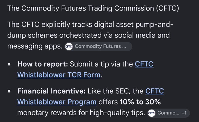 An informational graphic about the Commodity Futures Trading Commission (CFTC), detailing how to report digital asset pump-and-dump schemes via the CFTC Whistleblower TCR Form and noting the Whistleblower Program offers 10% to 30% monetary rewards.