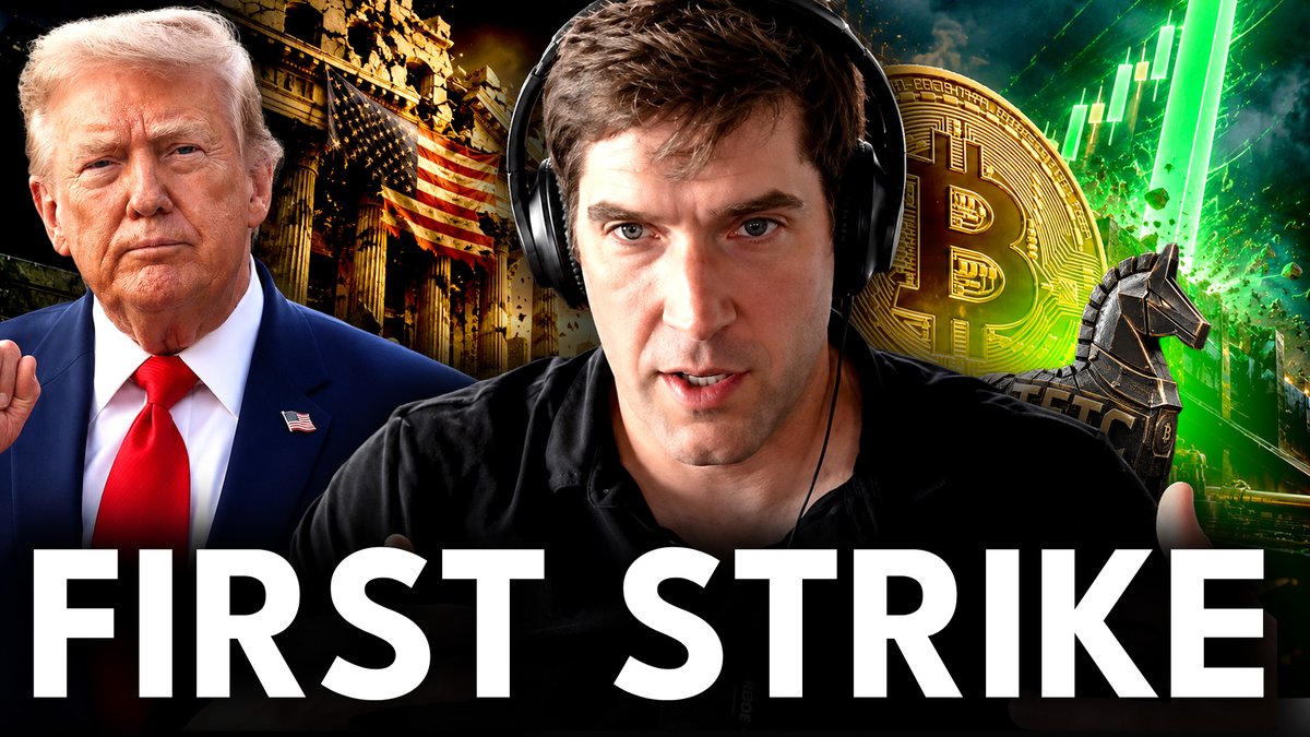 A YouTube thumbnail featuring a man with headphones speaking into a microphone, alongside an image of Donald Trump, a Bitcoin symbol, a chess knight piece, and green candlestick charts against an American flag backdrop, with the bold text "FIRST STRIKE" at the bottom. The image relates to the post's theme of maintaining conviction in Bitcoin through market volatility rather than reacting to headlines, with the "First Strike" title and Bitcoin imagery reinforcing the post's message about disciplined investing.