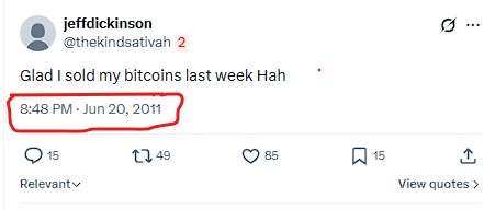 A tweet from user @thekindsativah reading 'Glad I sold my bitcoins last week Hah', timestamped '8:48 PM · Jun 20, 2011', which is circled in red.