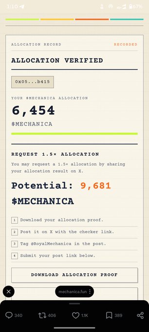 A mobile screenshot showing an 'Allocation Verified' record for 6,454 $MECHANICA tokens with wallet address 0x05...b415, offering a potential 1.5x allocation of 9,681 tokens via social media sharing.
