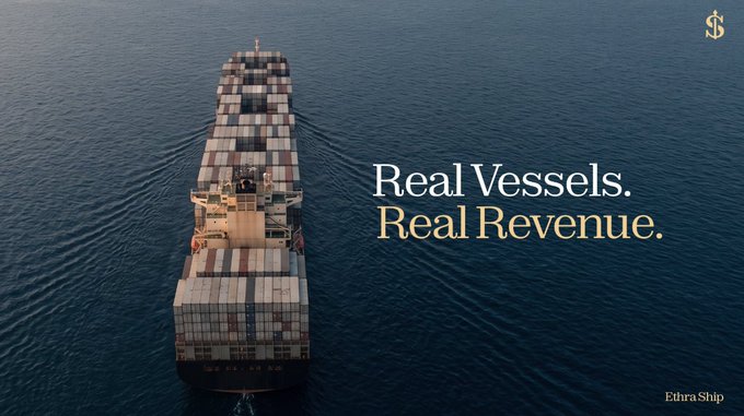 An aerial shot of a large container ship at sea with the text 'Real Vessels. Real Revenue.' and the brand 'Ethra Ship' displayed.