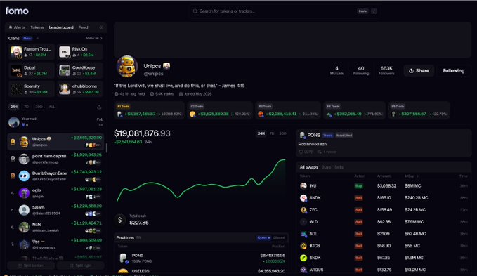 A screenshot of a trading platform interface called 'fomo' displays a user portfolio with over $19 million in assets and various cryptocurrency positions.