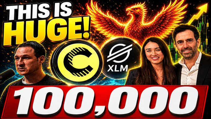The image features a promotional video for cryptocurrency called "Canton & XLM Holders!". The main focus of the video is a picture featuring three people, including two men wearing ties, with a large graphic background showcasing an eagle flying over a city skyline surrounded by skyscrapers and mountains in the distance. The text at the bottom of the image states that "Canton & XLM Holders! 100,000! This Is Huge!"