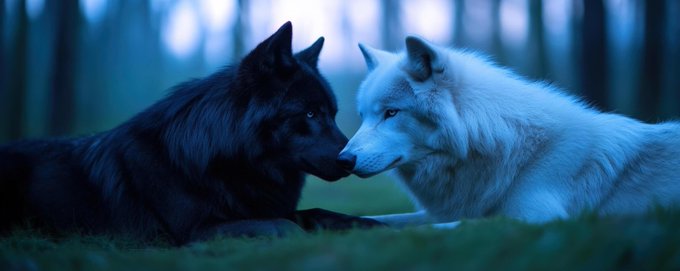 Two wolves—one black, one white—rest face-to-face in a dimly lit forest, their noses nearly meeting. The image evokes duality and balance, mirroring the post's theme of contrasting forces (perhaps bearish vs. bullish momentum) framing the $PACK ticker as a poised, calculated move.