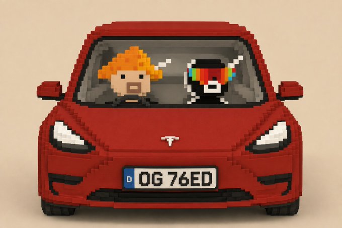 A pixel-art style image shows a red Tesla with license plate 'OG 76ED' and a 'T' logo, featuring two pixelated characters in the front seats—one with orange hair holding a cigarette, and another wearing sunglasses with a rainbow effect.