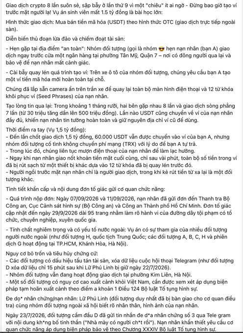 A Vietnamese news article detailing a cryptocurrency scam case in Ho Chi Minh City, mentioning arrests of suspects including 'Lữ Phú Linh' and losses of over 60,000 USDT.