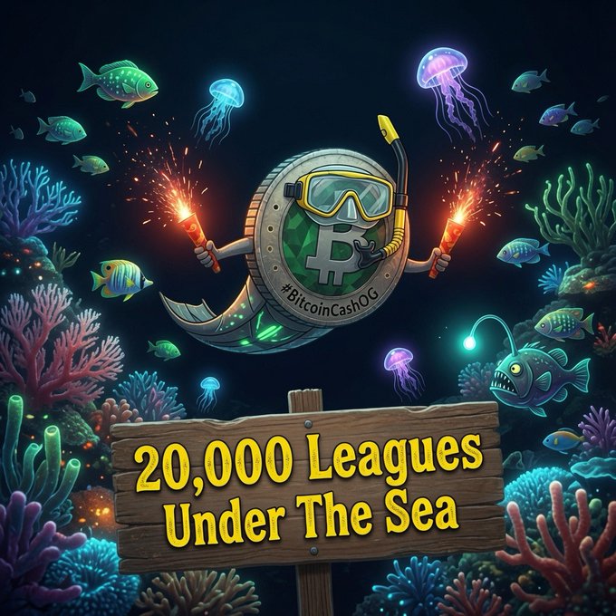 A colorful underwater scene featuring a Bitcoin Cash mascot wearing diving gear and holding sparklers, with a wooden sign reading '20,000 Leagues Under The Sea' and the hashtag '#BitcoinCashOG'.