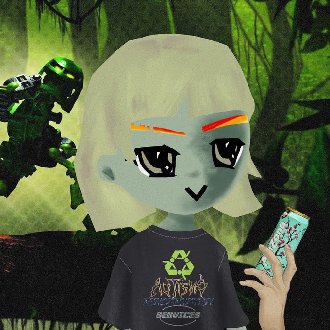 A stylized cartoon character with blonde hair, orange eyebrows, and blue-gray skin wears an 'AUTISM SERVICES' t-shirt while holding a blue can, set against a dark green forest background featuring a glowing green armored figure.