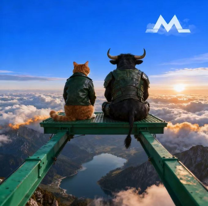 GM! Two companions—a cat and a bull, both in leather jackets—sit on a steel beam high above the clouds, gazing out at a sunset over distant mountains and a serene lake, perfectly capturing a meditative "long view" perspective on the markets and life. A stylized "M" logo appears in the upper right corner.