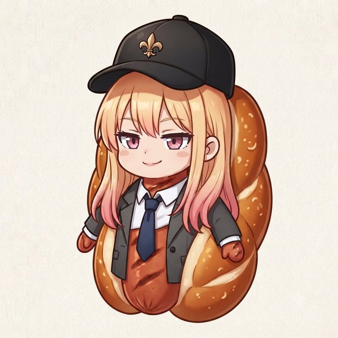 Chibi-style anime illustration of a girl wearing a black cap with a fleur-de-lis emblem, sitting inside a pretzel-shaped outfit with pink hair and purple eyes.