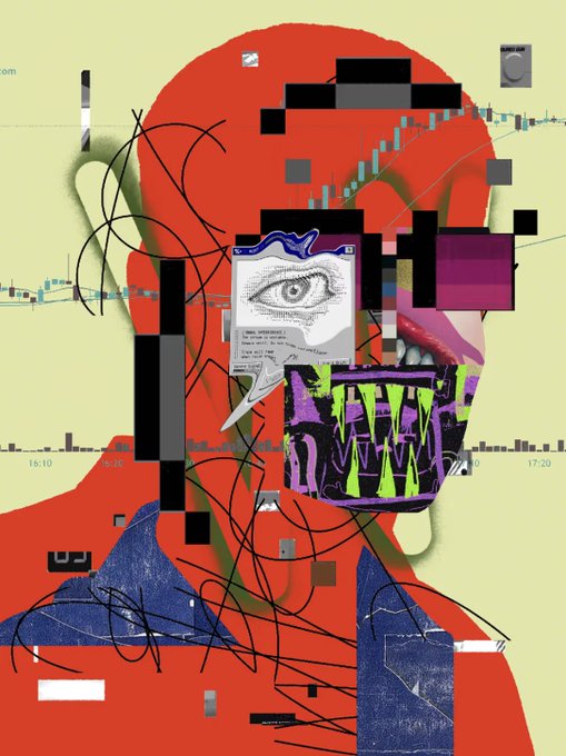 The image features an abstract, cubist style portrait of a man with red hair, who appears to be looking down at his phone or computer screen. There are various lines, dots, squares, and other geometric shapes surrounding the red-haired figure in the foreground of the image. The image contains text that provides information about online marketplaces for things like "MINTER! SELLER! HOLDER!" which could potentially be related to this specific artwork.
