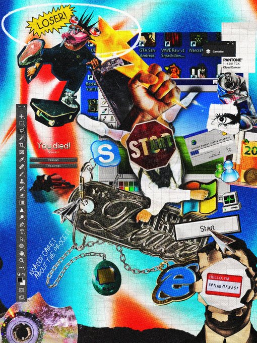 A chaotic digital collage artwork featuring retro computer UI elements, a cartoon character with a 'LOSER!' speech bubble, stop signs, text like 'You died!', 'START', 'HELLO!! I'M TRYING MY BEST', and various pop culture and internet references.