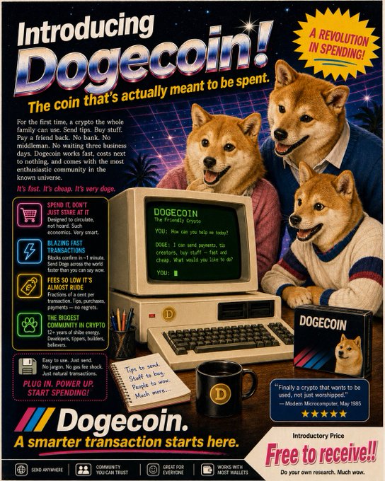 The image features a poster for DOGEcoin, which is an early form of cryptocurrency that was created by a man named Doge. The poster includes three dogs wearing shirts with the words "DOGEcoin" written on them, sitting in front of a computer monitor displaying information about the coin. The poster also includes text promoting the idea of introducing DOGEcoin as a revolution in spending and technology.