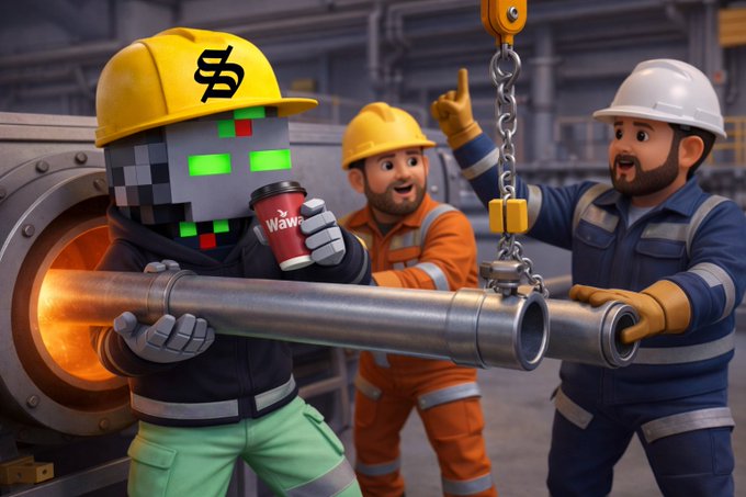 A stylized 3D-rendered illustration depicts a pixelated robot character wearing a yellow hard hat with a dollar sign logo and a 'Wawa' coffee cup, standing alongside two construction workers operating a crane chain in an industrial setting.