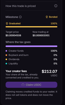 Mobile app screen titled 'How this trade is priced' showing a 'Graduated' milestone with 100% bonded, a target price of $0.00004508, and creator fees of $212.07 USDC with a 'Claim USDC' button.