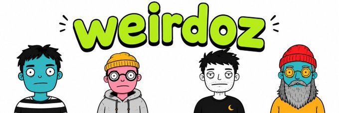 The "WEIRDOZ" NFT collection banner featuring four cartoon-style character illustrations including a blue-skinned figure, a beanie-wearing character, a minimalist face design, and a bearded man with a red beanie.