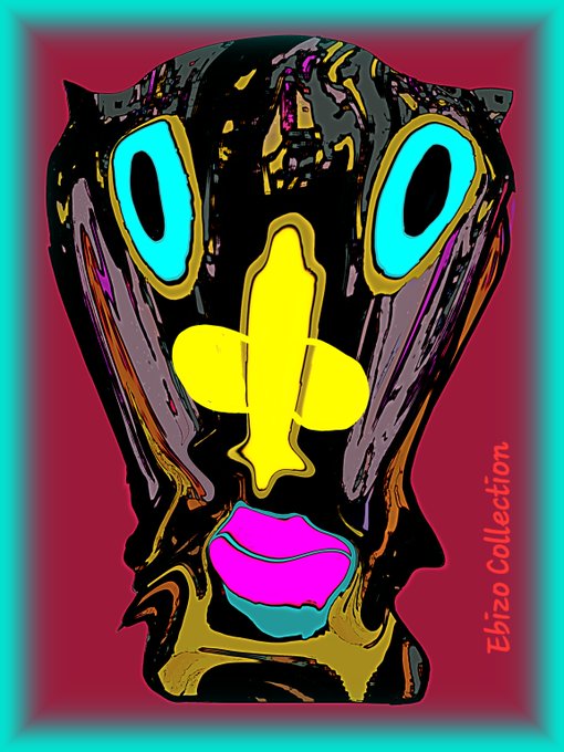 A vibrant pop-art style digital illustration features a stylized face with large cyan eyes, a yellow abstract nose, and bright pink lips, signed 'Ebhzo Collection'.