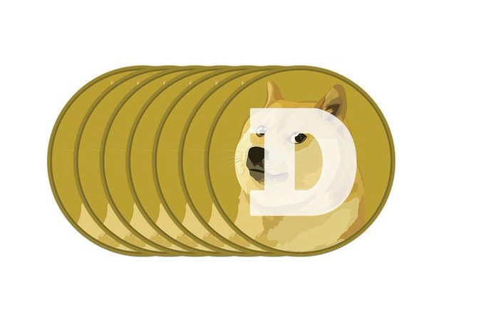 Stack of Dogecoin (DOGE) coins featuring the iconic Shiba Inu dog and a large "D" symbol on a white background.