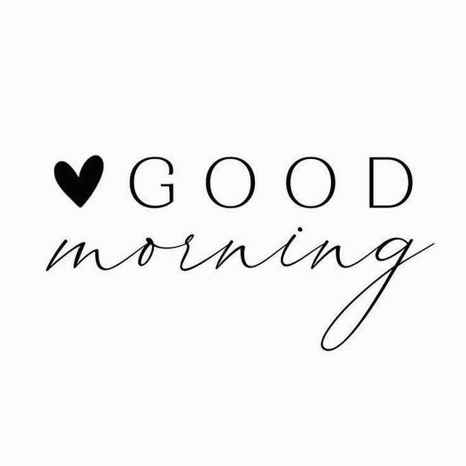 A minimalist black-and-white graphic displays a small heart followed by "GOOD" in bold uppercase letters, with "morning" written below in elegant flowing script, serving as a cheerful greeting card that complements the friendly "Happy Friday" message.