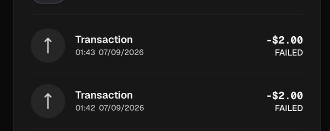 A screenshot of failed transactions on a dark-themed mobile app showing two -$2.00 transactions marked as FAILED, dated 01:42 and 01:43 on 07/09/2026.