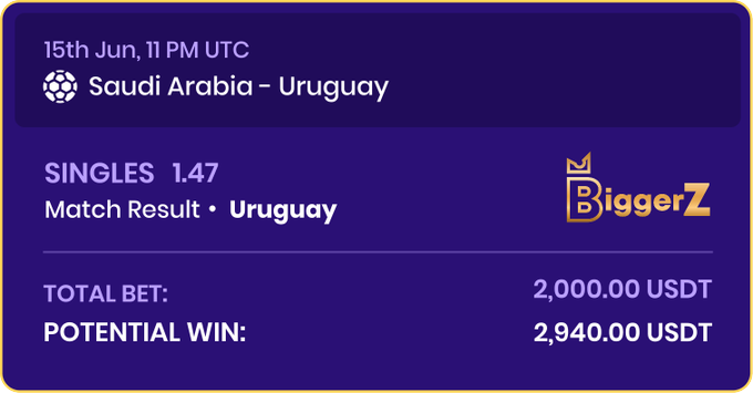 The image shows a purple box containing information about a sports match between Uruguay and Saudi Arabia, with the total amount won by each team. The text indicates that the potential win for Uruguay is 2,000,000 US dollars (2,000,000), while the potential win for Saudi Arabia is 900,000 US dollars (900,000). The image also includes a link to the Biggerz website and a social media post about the match result.