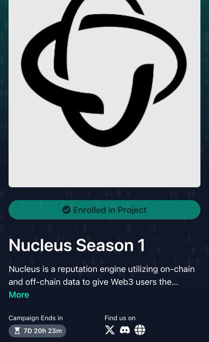 The image shows a poster for an upcoming campaign called "Nucleus Season 1" that aims to educate users about the Nucleus Code project. The poster features a black logo with a white circle, which is the main visual element of the advertisement. It also includes text providing information about the campaign and encouraging viewers to enroll in it by clicking on the provided link.