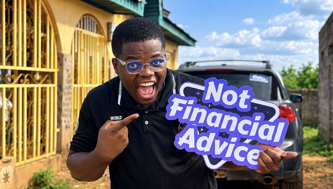 A man in a black polo shirt and glasses stands outside pointing excitedly at a large blue and white text graphic that reads "Not Financial Advice."