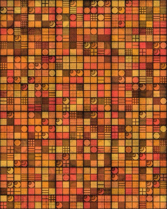 An abstract geometric pattern composed of small squares and circles in warm tones of red, orange, brown, and yellow, arranged in a grid-like mosaic.