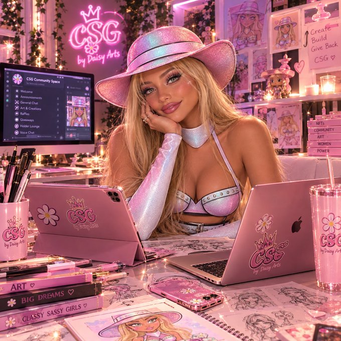 A blonde woman wearing a sparkly pink cowboy hat and a shimmering outfit sits at a desk surrounded by pink laptops, merchandise, and neon signage featuring 'CSG by Daisy Arts'.