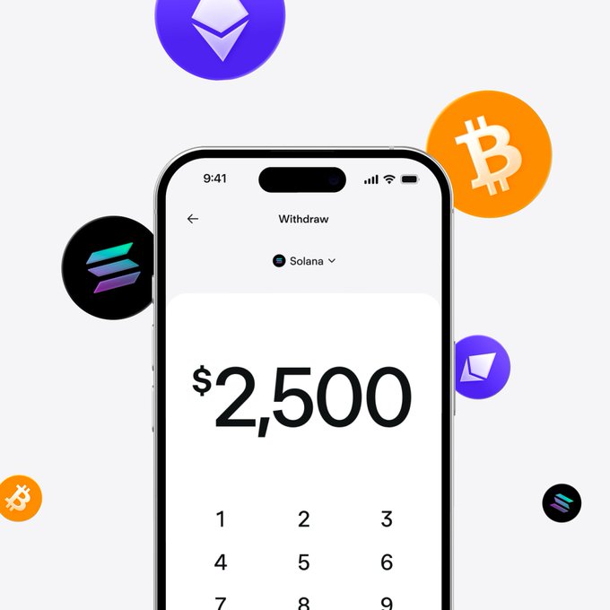 A smartphone displays a crypto withdrawal screen on the Solana network for $2,500, surrounded by floating Bitcoin, Ethereum, and Solana icons. The image visually reinforces the post's message about expanding offramp options, showing a seamless cash-out process across multiple chains.