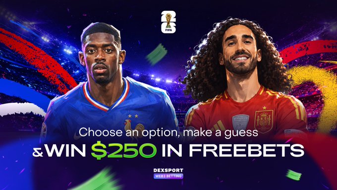 A promotional graphic featuring soccer players Ousmane Dembélé (in France's blue jersey) and Marc Cucurella (in Spain's red jersey) facing off, with the FIFA World Cup logo above and text reading "Choose an option, make a guess & WIN $250 IN FREEBETS" alongside the Dexsport logo. The image promotes a betting giveaway tied to the France vs. Spain UEFA Euro 2024 semi-final match, aligning with the post's call for followers to predict the game's outcome.
