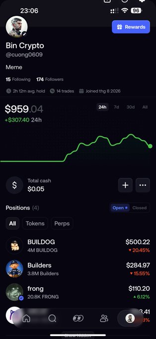 A mobile screenshot of a crypto trading profile for 'Bin Crypto' (@cuong0609) shows a balance of $959.04 (+$307.40 24hr) with open positions including BUILDDOG at $500.22, Builders at $284.97, and frong at $110.20.