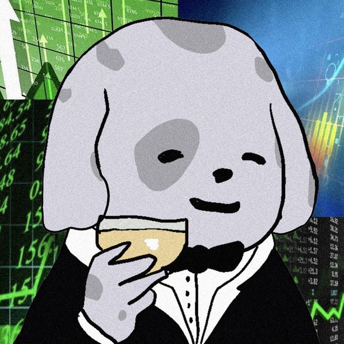 The image features a cartoon dog wearing formal attire, specifically holding a glass of white wine or champagne with both hands while sitting comfortably. This adorable scene contrasts with the background that appears to be full of graphs and numbers associated with finance. The combination of the cute dog in a sophisticated outfit with the financial data creates an interesting juxtaposition between humor and reality.